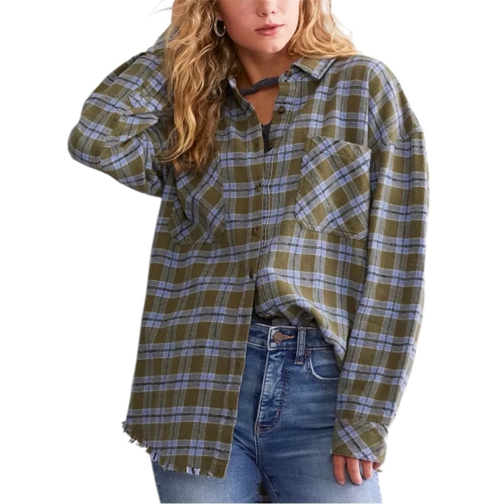 BKE Olive & Blue Plaid Raw Hem Long Sleeve Western ButtonUp Shirt